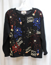 Load image into Gallery viewer, Vintage Y2K - Tiara International - Black Happy New Year 2000, Embroidered, Beaded w/ Sequins Cardigan Sweater - Size M