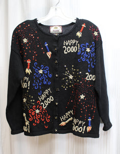 Vintage Y2K - Tiara International - Black Happy New Year 2000, Embroidered, Beaded w/ Sequins Cardigan Sweater - Size M