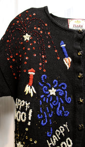 Vintage Y2K - Tiara International - Black Happy New Year 2000, Embroidered, Beaded w/ Sequins Cardigan Sweater - Size M