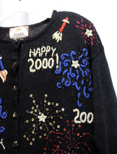 Load image into Gallery viewer, Vintage Y2K - Tiara International - Black Happy New Year 2000, Embroidered, Beaded w/ Sequins Cardigan Sweater - Size M