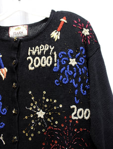 Vintage Y2K - Tiara International - Black Happy New Year 2000, Embroidered, Beaded w/ Sequins Cardigan Sweater - Size M