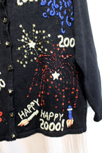 Load image into Gallery viewer, Vintage Y2K - Tiara International - Black Happy New Year 2000, Embroidered, Beaded w/ Sequins Cardigan Sweater - Size M