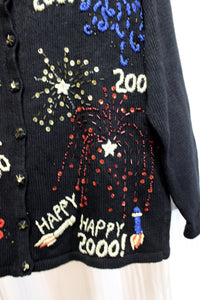 Vintage Y2K - Tiara International - Black Happy New Year 2000, Embroidered, Beaded w/ Sequins Cardigan Sweater - Size M