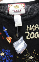 Load image into Gallery viewer, Vintage Y2K - Tiara International - Black Happy New Year 2000, Embroidered, Beaded w/ Sequins Cardigan Sweater - Size M