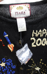 Vintage Y2K - Tiara International - Black Happy New Year 2000, Embroidered, Beaded w/ Sequins Cardigan Sweater - Size M