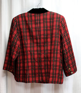 Vintage - Mother's Work- Red Plaid 3/4th Sleeve English Hunt Style Blazer w/ Black Velvet Collar & Faux Pocket Flaps - Size S