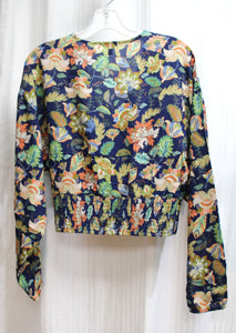 Buffalo David Bitton - V-Neck "Raquel" Cropped Navy Botanical Design Button Front- Ruched Back Top - Size M (w/ Tags)