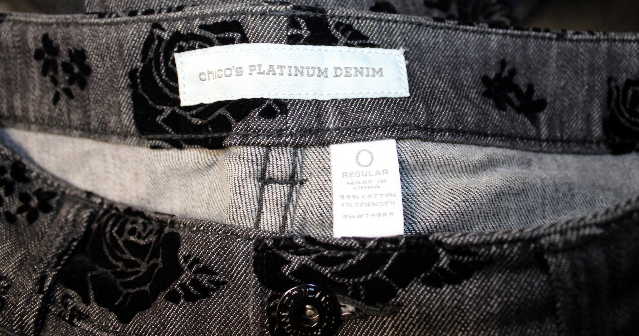Chico's Platinum Denim - Black Velvet Flocked Rose Jeans - Size 0