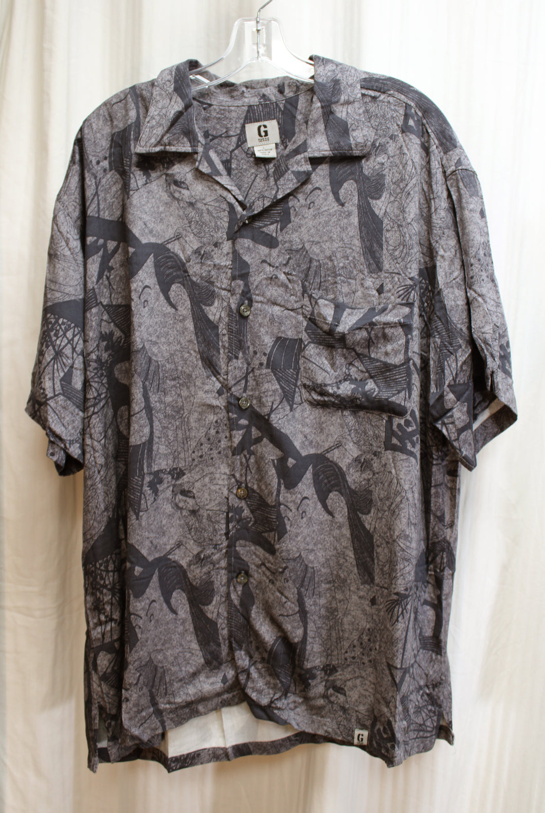 Men's Vintage 90's - Guess Jeans - Gray Samurai Print Hawaiian Shirt - Size L