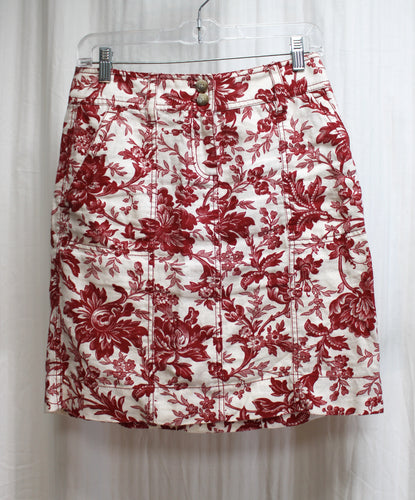 Anne Taylor- Brick Red & Off White,  Vintage Print Floral Linen Skirt - Size 0
