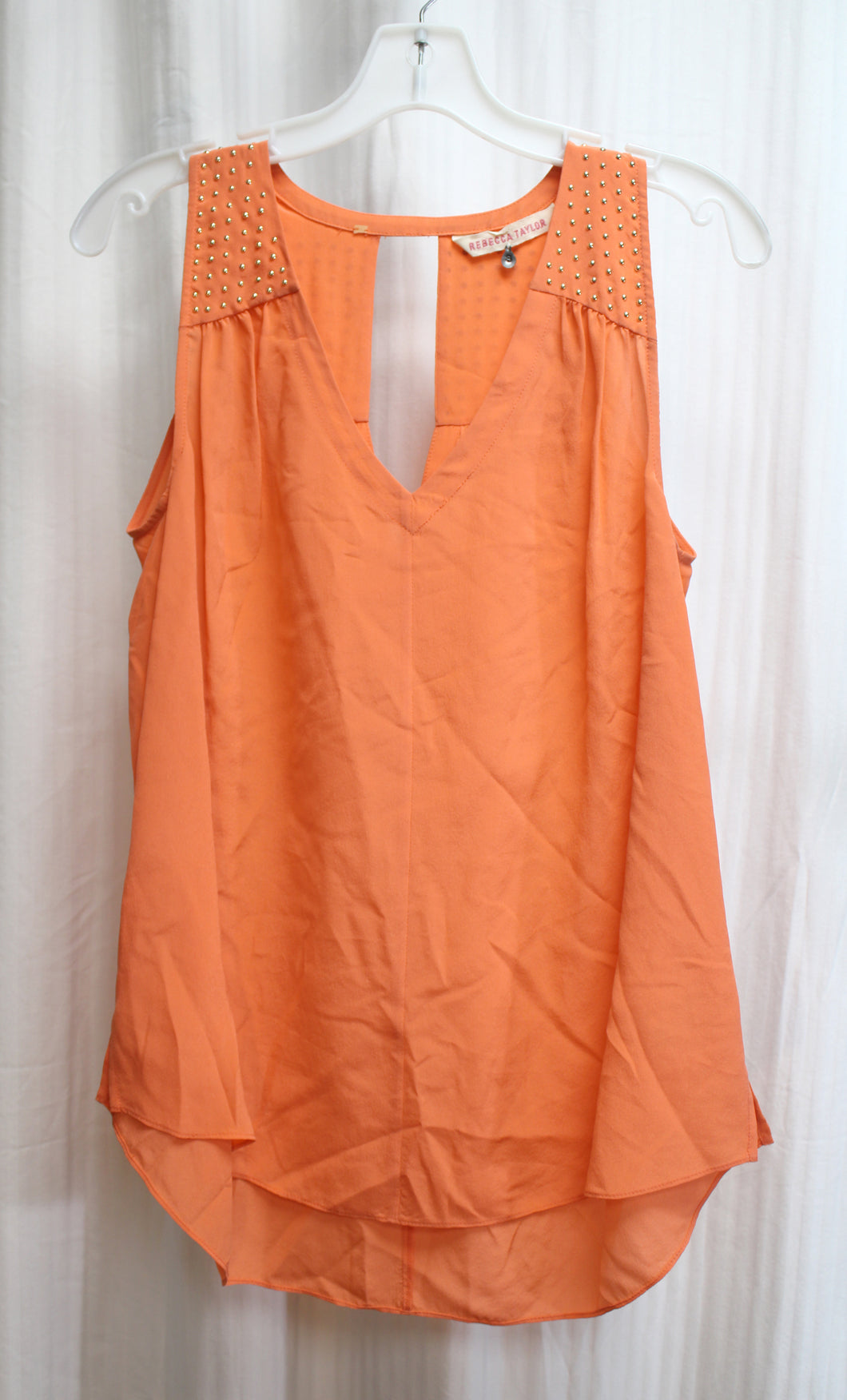 Rebecca Taylor - Orange Silk V-Neck Tank w/ V Back Peep Hole & Gold Small Studs on Shoulders - Size 8