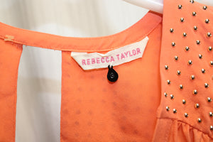 Rebecca Taylor - Orange Silk V-Neck Tank w/ V Back Peep Hole & Gold Small Studs on Shoulders - Size 8