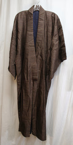 Men's Vintage- Brown Silk Stenciled Print Kimono Robe - See Measurements 25.5" Drop Shoulders