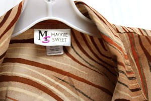 Vintage - Maggie Sweet - Brown Earth Tones Abstract Line Print, 2 Button Blazer - Size L PETITE