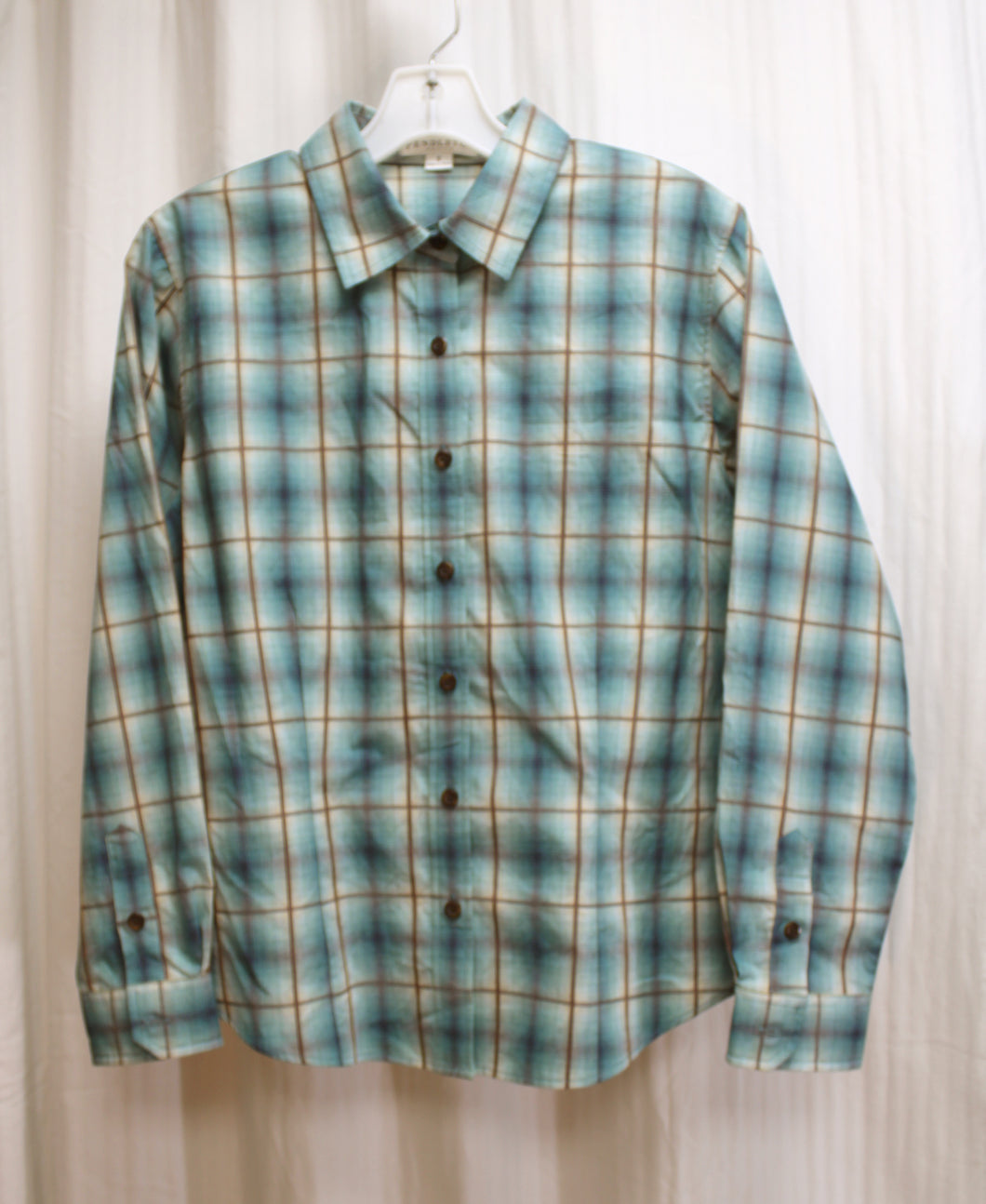 Pendleton Petites - Teal Blue & Brown Cotton Plaid Button Front Shirt - Size S (Petite)