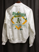 Load image into Gallery viewer, *RARE* 1989 Chalkline, World Series Champions Oakland Athletics / A&#39;s White Satin Jacket - Size L (See Notes)