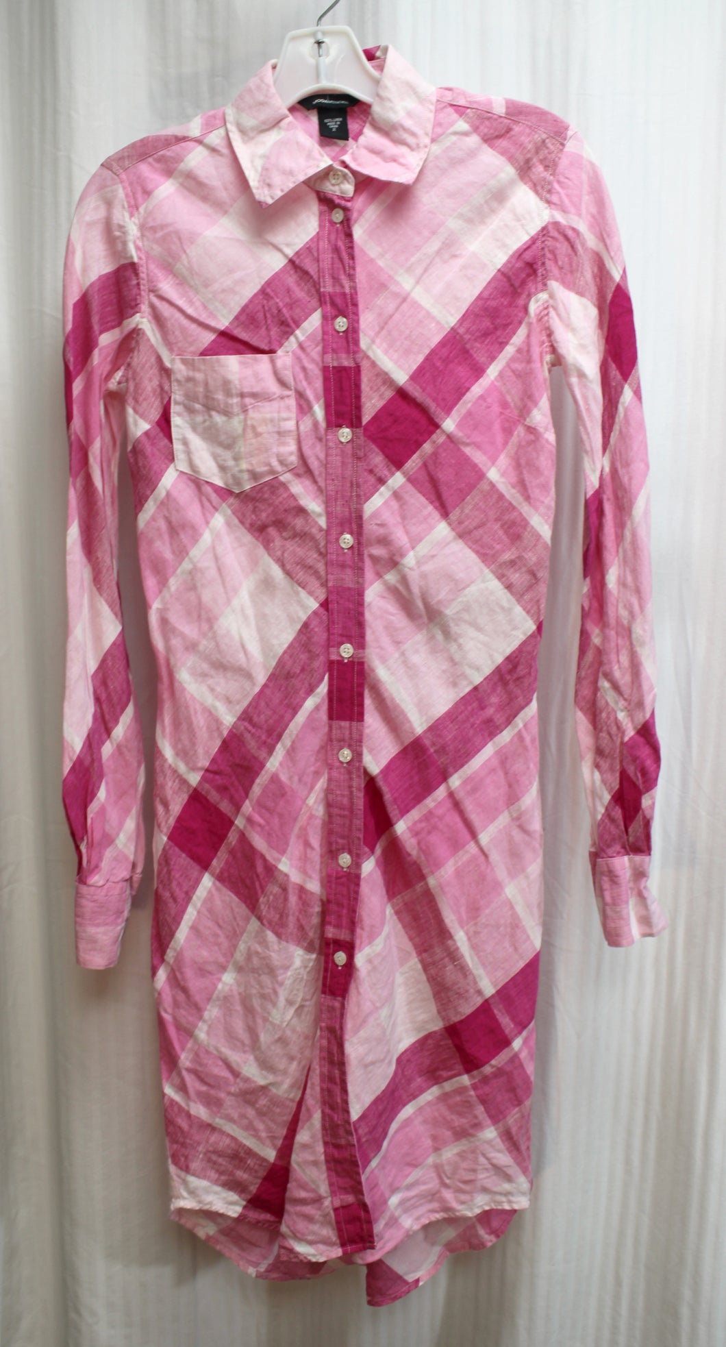 Moda International - Pink Plaid, 100% Linen Button Front Shirt Dress - Size 2