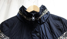 Load image into Gallery viewer, We the Free (Free People) Navy &quot;On My Mind&quot; Puffer Jacket w/ Horizontal Floral Ribbon Stripes - Size S