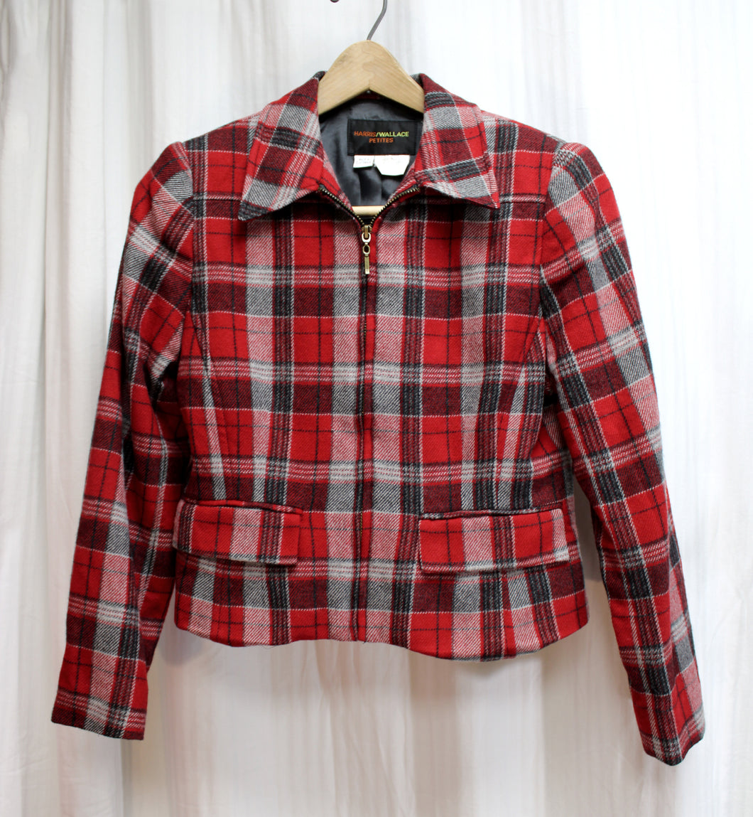 Harris / Wallace Petites - Red & Gray Plaid, Cropped Wool Jacket w/ Zip Front - Size: S (Petite)