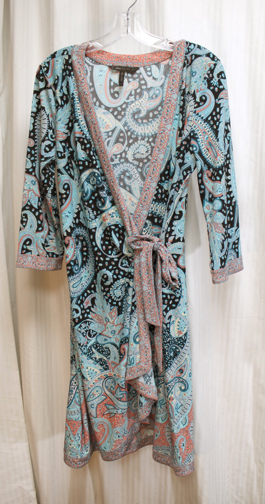 BCBG Maxazria - Black, Aqua Blue & Orange Paisley, Jersey Wrap Dress - Size L