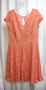 J.Taylor - Orange Over Beige Lining, Short Sleeve Lace Flared Skirt Dress - Size 14