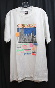 Vintage 80's - Chicago Skyline/ Building Partial Puff Print, Florescent Single Stitch White T-Shirt - Size XL