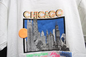 Vintage 80's - Chicago Skyline/ Building Partial Puff Print, Florescent Single Stitch White T-Shirt - Size XL