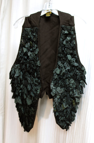 Vintage- A.J. - Silk Blend, Unique Arts & Crafts  Dark Greens & Black, Layered Rag Fringe, Mixed Print Front Vest - Size S