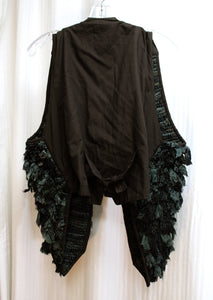 Vintage- A.J. - Silk Blend, Unique Arts & Crafts  Dark Greens & Black, Layered Rag Fringe, Mixed Print Front Vest - Size S