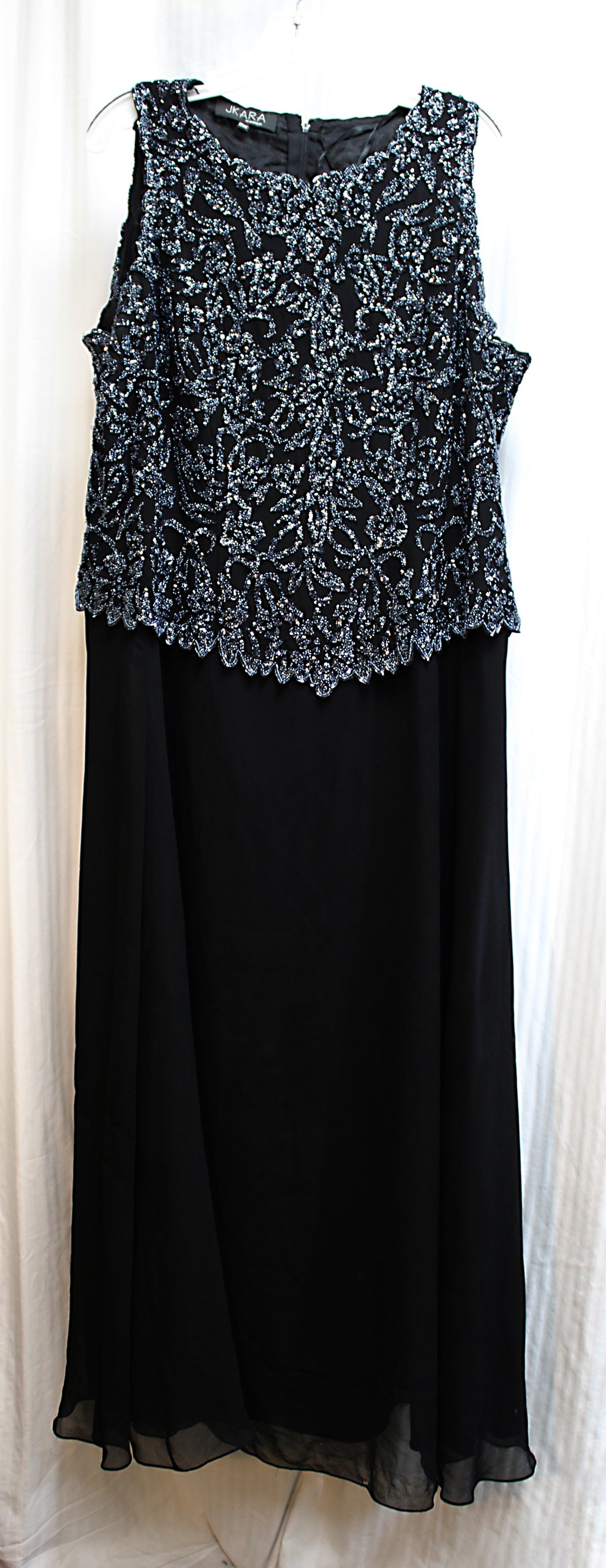 Vintage - JKara - Black Sleeveless Beaded Bodie Over Flowy Sheer Over Lining Skirt, Special Occasion Maxi Dress - Size 18W