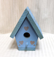 Load image into Gallery viewer, Handmade Blue Wood Decorative Birdhouse w/ Heart &amp; Leaf Motif - 8.5&quot; H