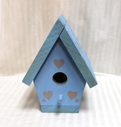 Handmade Blue Wood Decorative Birdhouse w/ Heart & Leaf Motif - 8.5