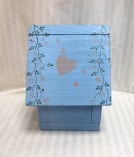 Load image into Gallery viewer, Handmade Blue Wood Decorative Birdhouse w/ Heart &amp; Leaf Motif - 8.5&quot; H