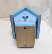 Load image into Gallery viewer, Handmade Blue Wood Decorative Birdhouse w/ Heart &amp; Leaf Motif - 8.5&quot; H