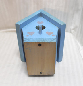 Handmade Blue Wood Decorative Birdhouse w/ Heart & Leaf Motif - 8.5" H