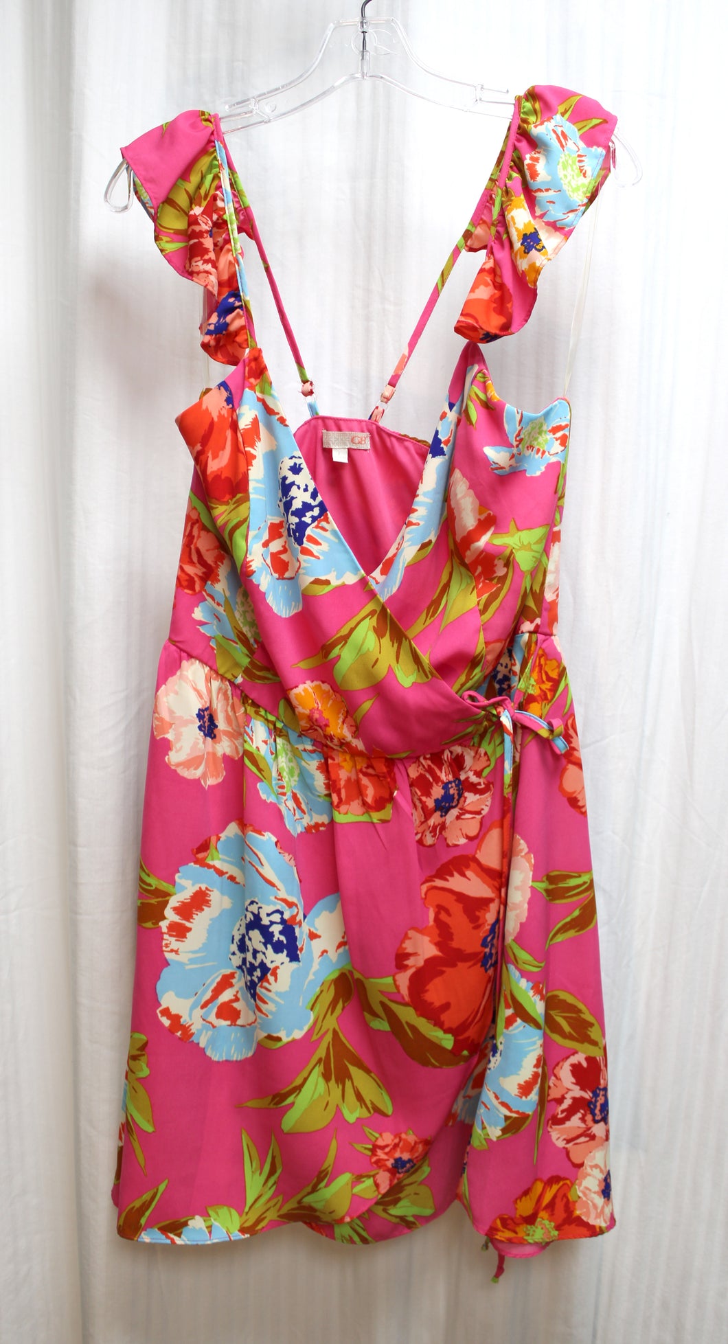 Gianni Bini - Pink Ruffle Adjustable Spaghetti Strap Tropical Short Wrap Dress - Size L