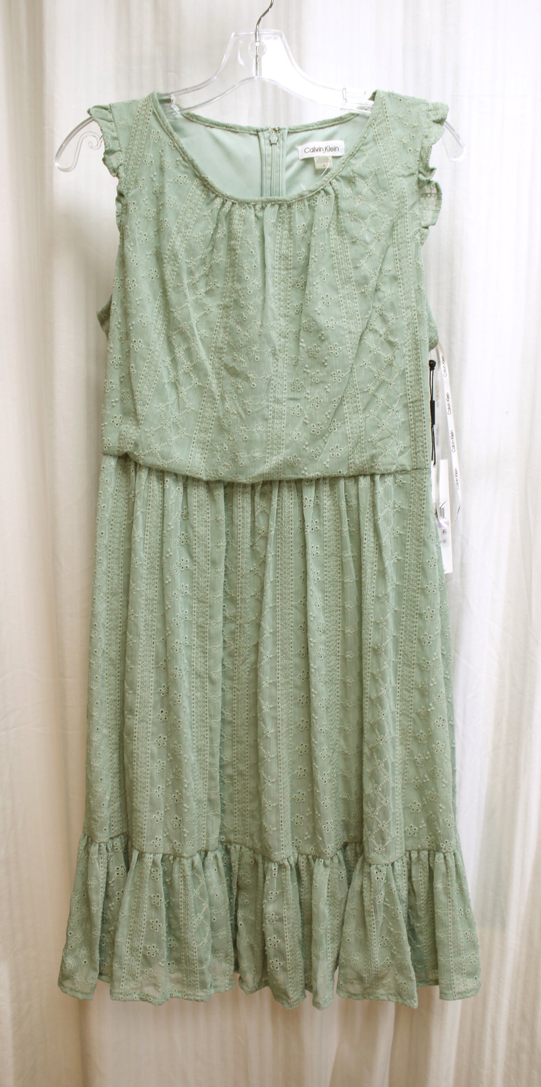 Calvin Klein - Sage Green, Ruffle Cap Sleeve Eyelet Lace Short Dress - Size 6 (w/ TAGS)