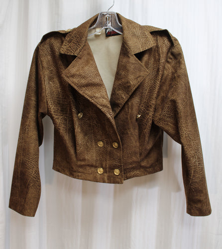 Vintage - Joe Benbasset - Leather Textured Print Lightweight Velour Double Breasted w/ Gold Buttons Cropped Jacket - Size S