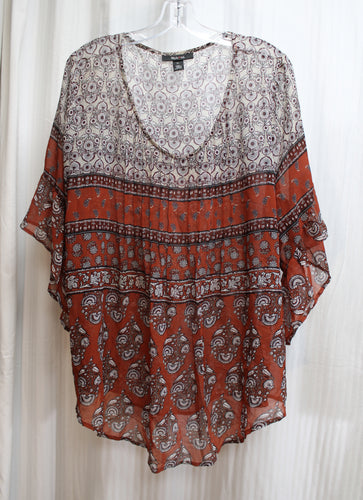 Style & Co. - Brown & Taupe Boho Print Sheer Flowy Top - Size XL