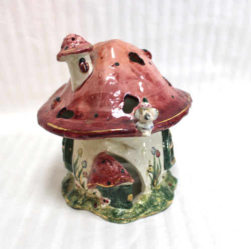 Vintage 2001 -  Whimsical Ceramic Mushroom House Tealight Candle Holder