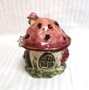 Vintage 2001 -  Whimsical Ceramic Mushroom House Tealight Candle Holder