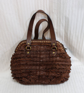 Moschino Cheap & Chic - Brown Leather Ruffle Bucket Bag w/ Brass Hardware & Stud Details