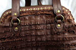 Moschino Cheap & Chic - Brown Leather Ruffle Bucket Bag w/ Brass Hardware & Stud Details