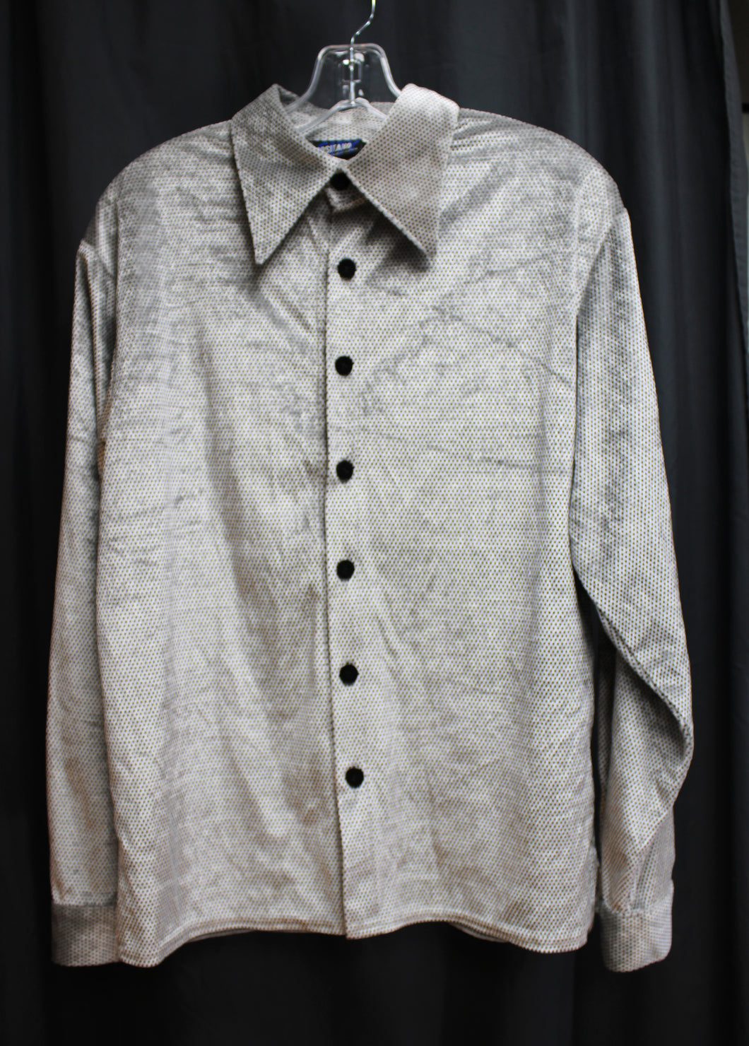 Men's Vintage - Positano, Charles Lapson- Silver w/ Micro Black Polka Dot Velvet Button Up Shirt - Size S