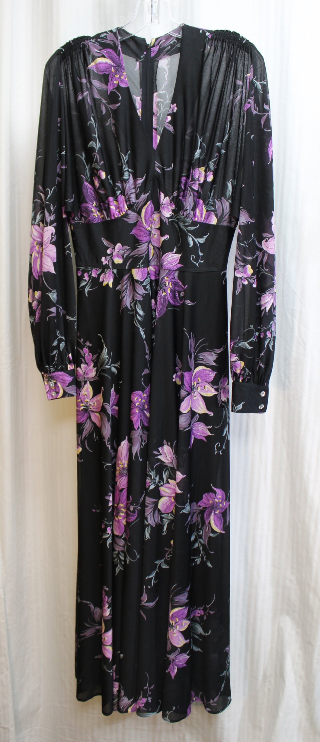 Vintage 1970's - Black w/ Purple Floral Flowy Maxi Dress - See Measurements 28