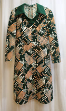 Load image into Gallery viewer, Vintage 60&#39;s/70&#39;s - Green, Cream &amp; Brown Circle Print Midi Dress - See Measurements 29&quot; Waist