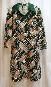 Vintage 60's/70's - Green, Cream & Brown Circle Print Midi Dress - See Measurements 29" Waist