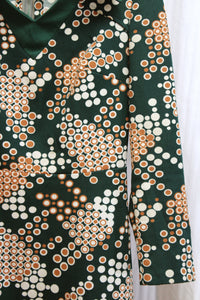 Vintage 60's/70's - Green, Cream & Brown Circle Print Midi Dress - See Measurements 29" Waist