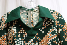 Load image into Gallery viewer, Vintage 60&#39;s/70&#39;s - Green, Cream &amp; Brown Circle Print Midi Dress - See Measurements 29&quot; Waist