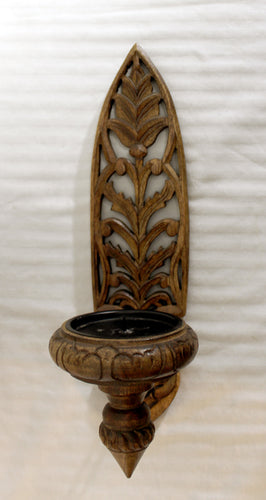 Ornately Carved Wooden Pillar Candle Sconce  14.5